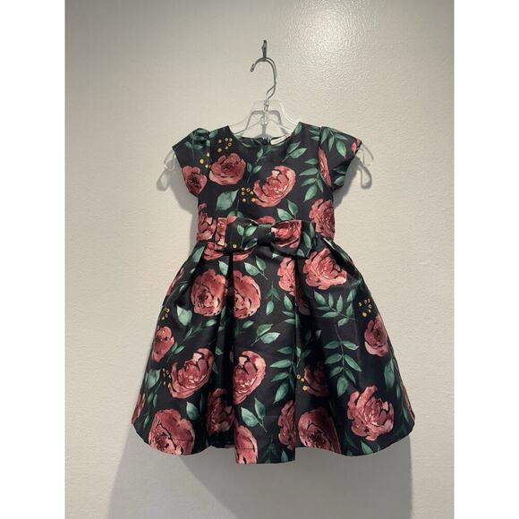Mama Luma Girls Size 3 4 Black Floral Print Dress Bow Wedding Lacivert Party - Picture 1 of 11